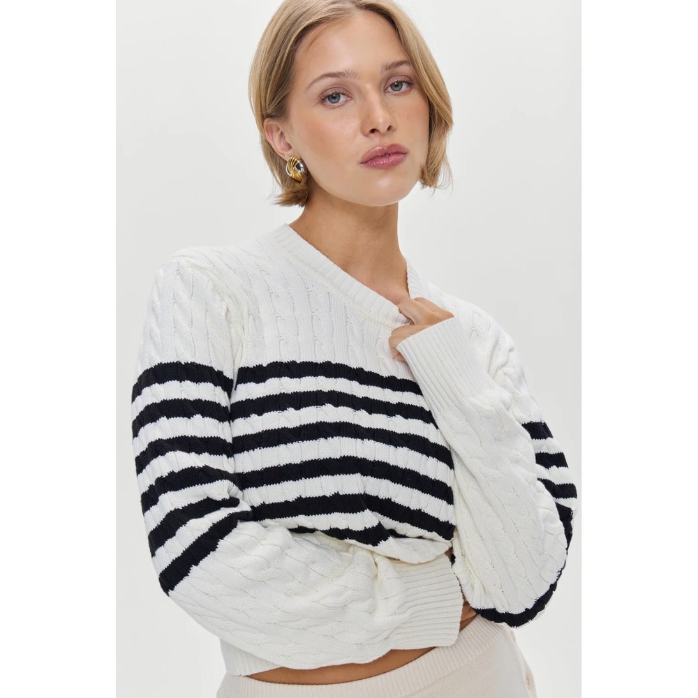 Frankies Bikinis Varsity Striped Cable Knit Sweater Cream Black Crewneck Size M